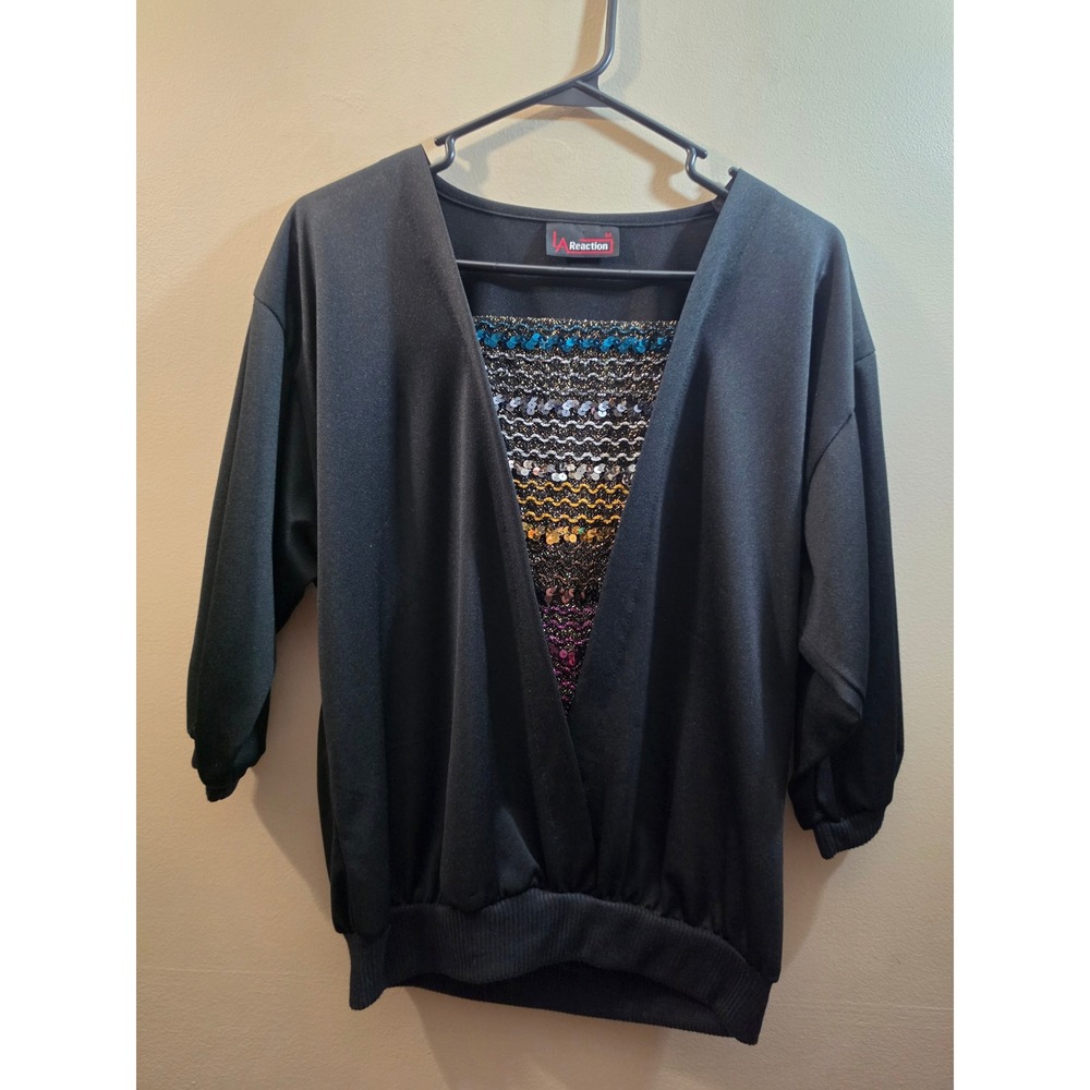 Vintage LA Reaction Black Sequin Inset V-Neck Top Made in USA Retro Size M